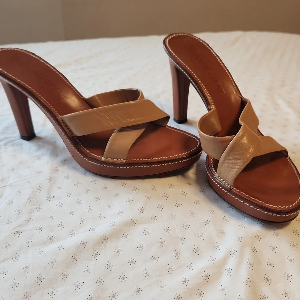 Yves Saint Laurent Tan Leather Cross-strap Heels Platform Slides Size 39/8.5